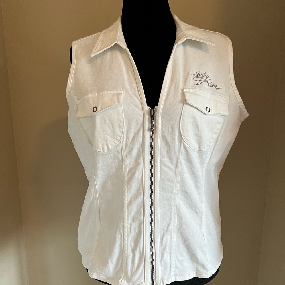 Harley Davidson Vintage Womans White and Silver Gilet - Sleeveless Top.